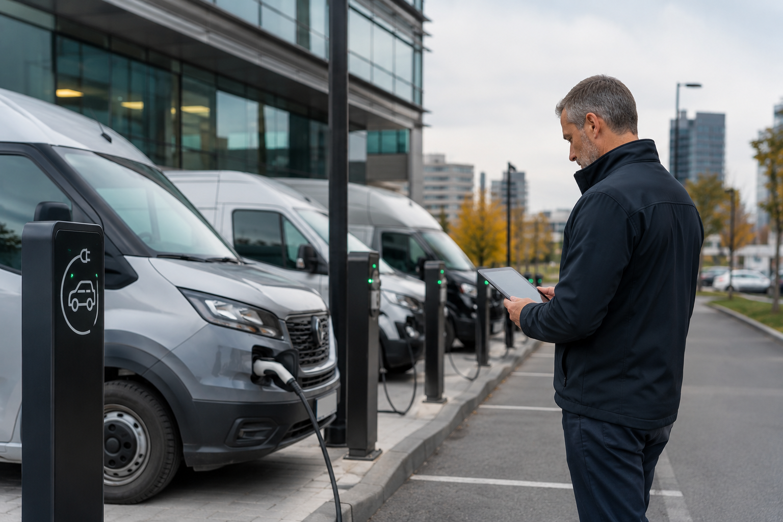 Fleet EV charging bays with clear signage and accessible markings at a UK business car park