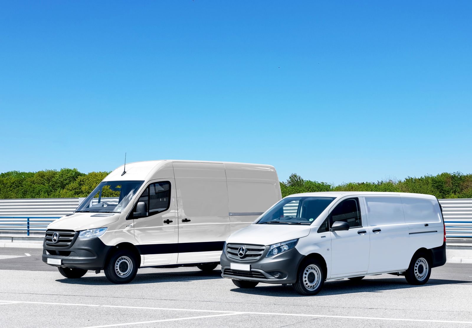 White vans from a company fleet parked side by side in a yard.